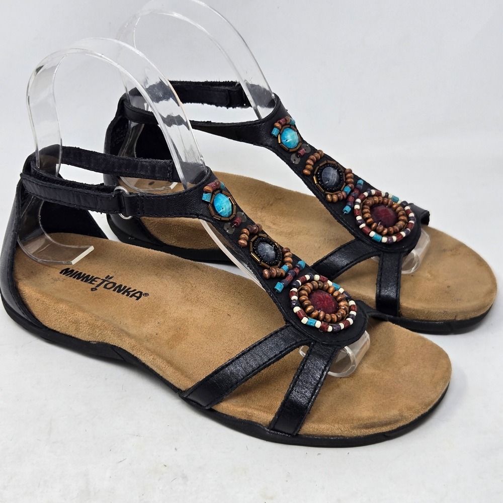 Minnetonka Womens Black Leather Beaded T-Strap Sandals Boho 70812 Size 6